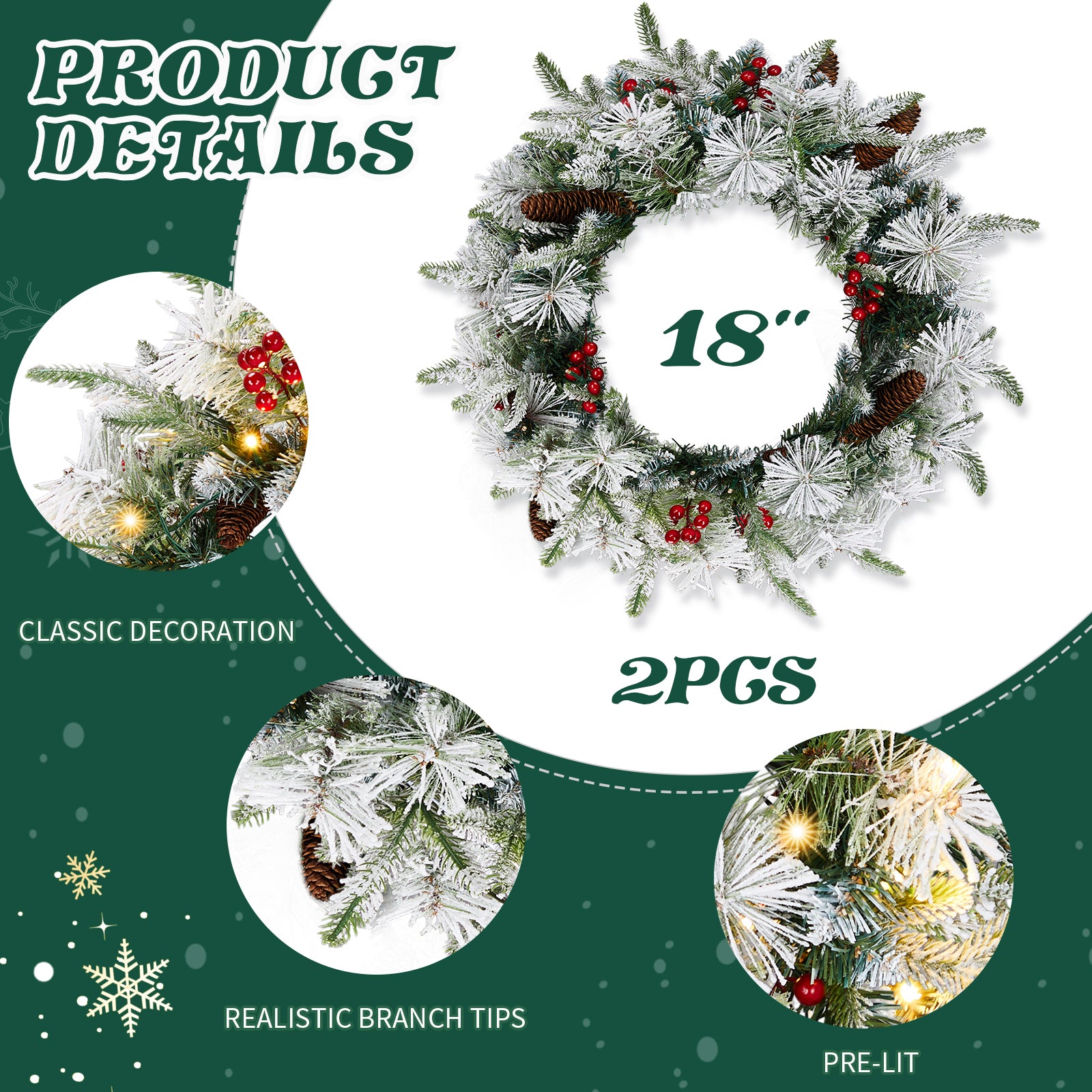 2 Pack 18in Pre-lit Snow Christmas Wreath