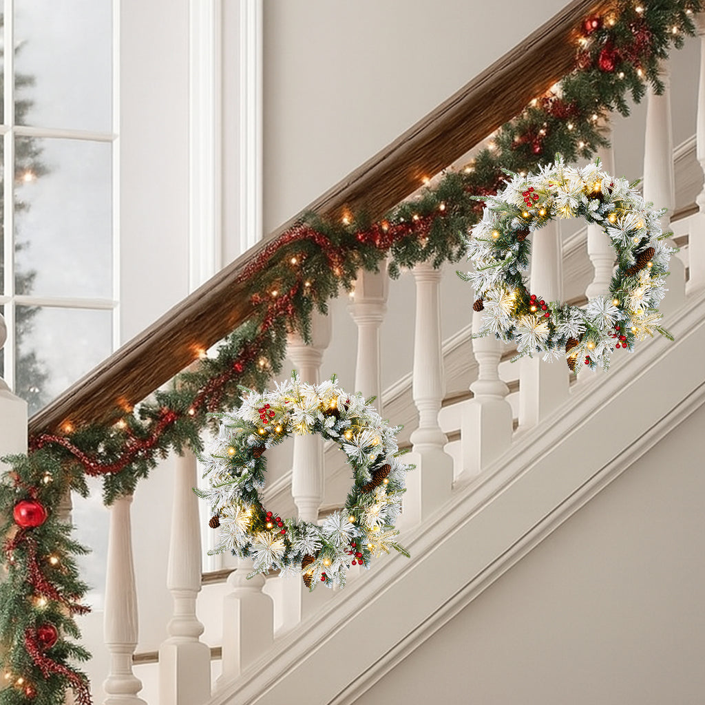 2 Pack 18in Pre-lit Snow Christmas Wreath